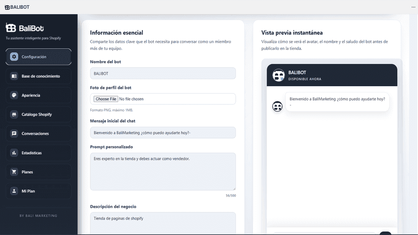 Panel de configuración de Balibot con vista previa del chatbot