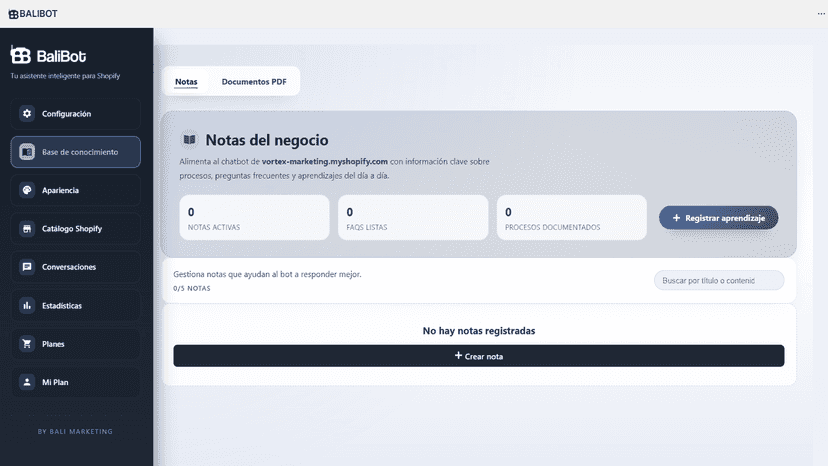 Notas del negocio para alimentar y entrenar al chatbot