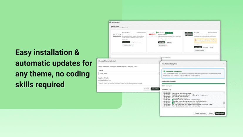 My sections page, plus installation popups before and after.