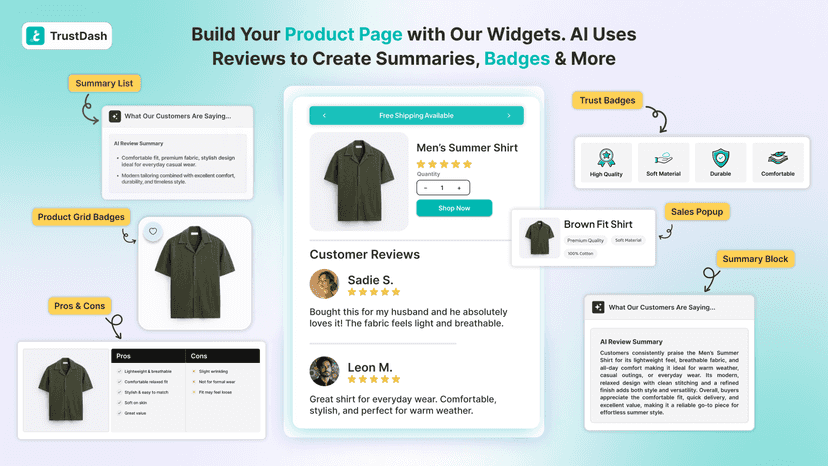 TrustDash product page with review summaries and sales widgets