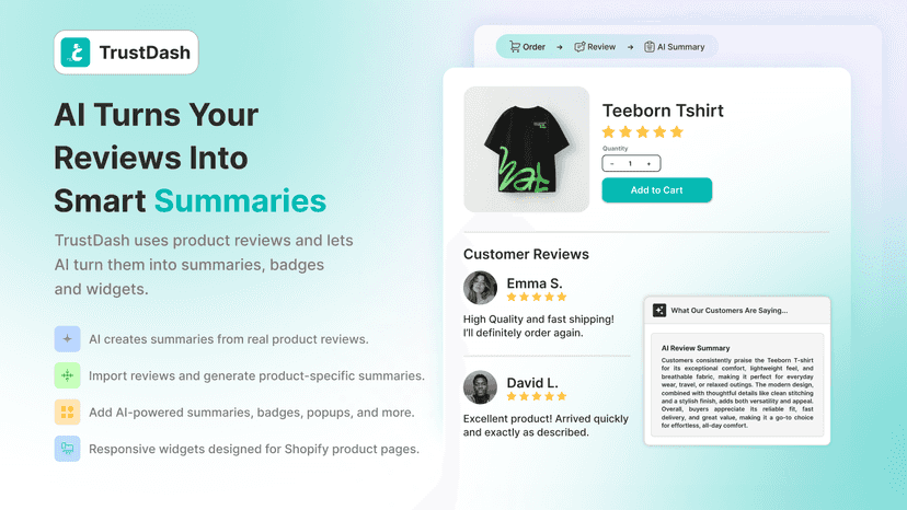TrustDash AI review summaries and product page widgets