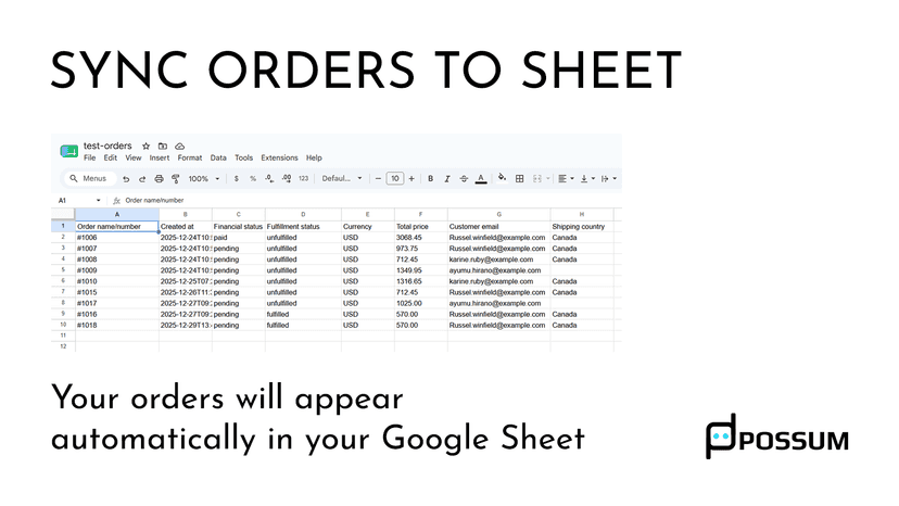 Shopify orders appear automatically in your Google Sheet