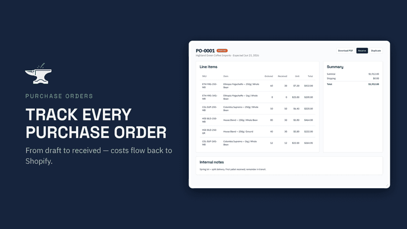 Anvil purchase order with ordered and received quantities