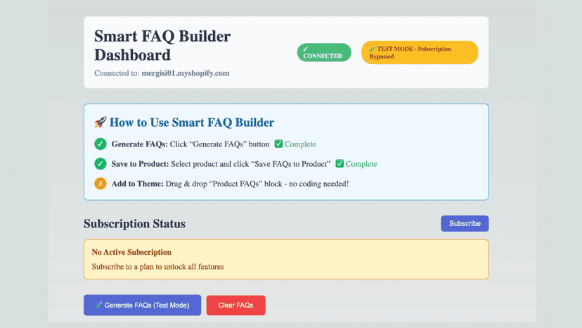 Smart FAQ Builder dashboard showing main interface with product