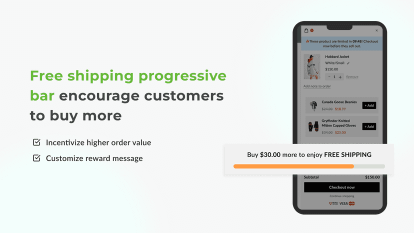 Free shipping progressive bar encourage customers to buy more