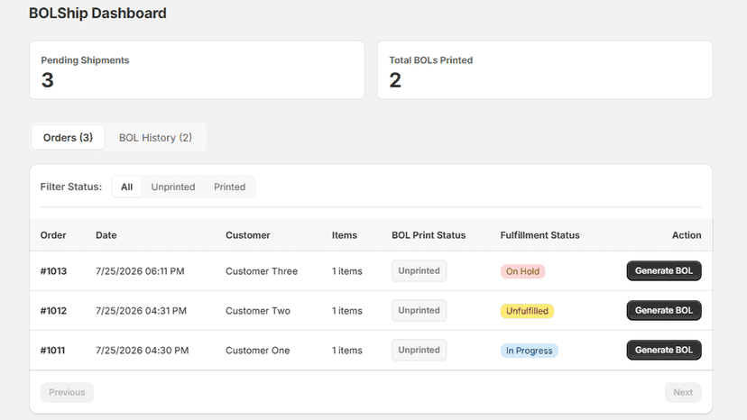 Dashboard listing unfulfilled orders with Generate BOL buttons