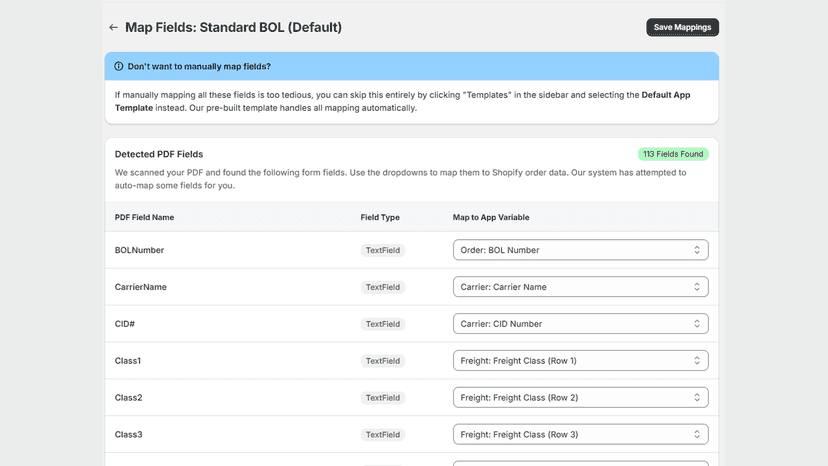 Custom BOL Field Mapping