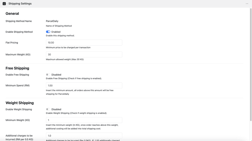 Shipping Settings