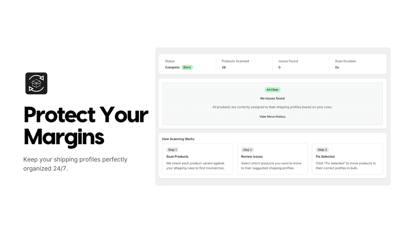 Green dashboard status showing zero shipping profile errors.