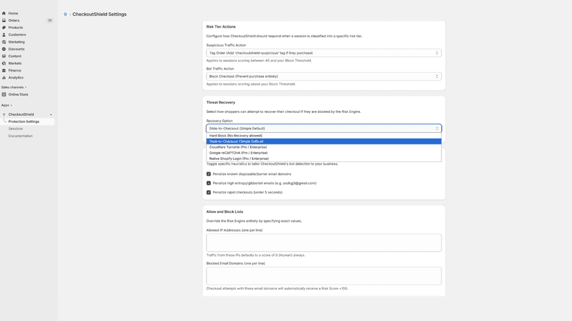 CheckoutShield rules configuration page showing settings