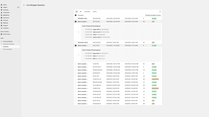 Real-time threat log displaying blocked bot sessions, risk score