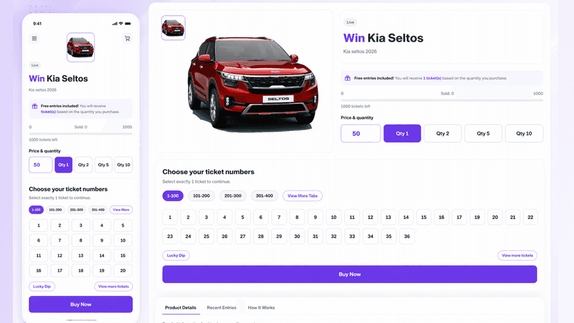 PrizeSuite giveaway page with mobile and desktop ticket selectio