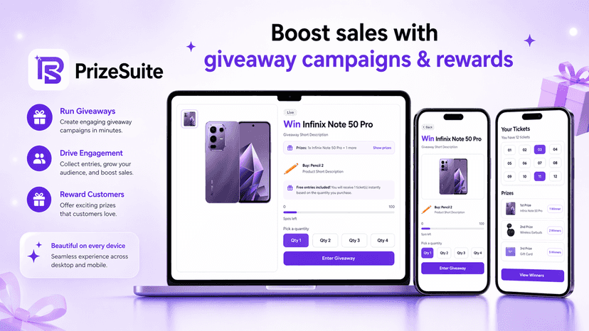 PrizeSuite giveaway app with ticket selection and rewards