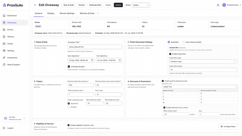 PrizeSuite giveaway editor showing campaign setup and ticket set