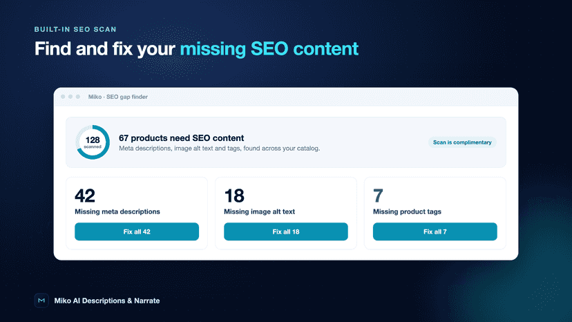 SEO scan showing missing meta, alt text and tags