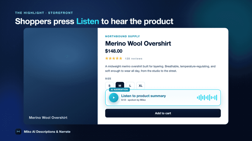 Storefront Listen button playing a product summary aloud