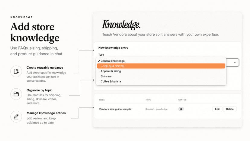Vendora knowledge entry setup with categories and entry statuses