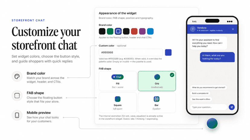 Vendora storefront chat customization with mobile chat mockup UI