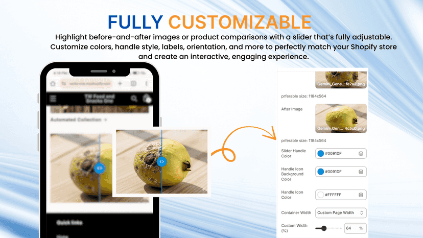 Image comparison slider with customizer