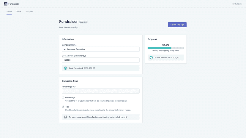 Kaleido Fundraiser Shopify Partners Experts Settings 1