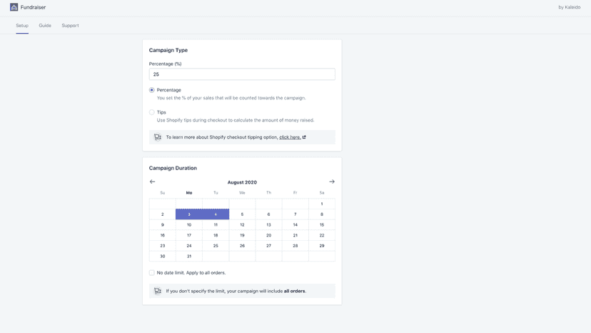 Kaleido Fundraiser Shopify Partners Experts Settings 2