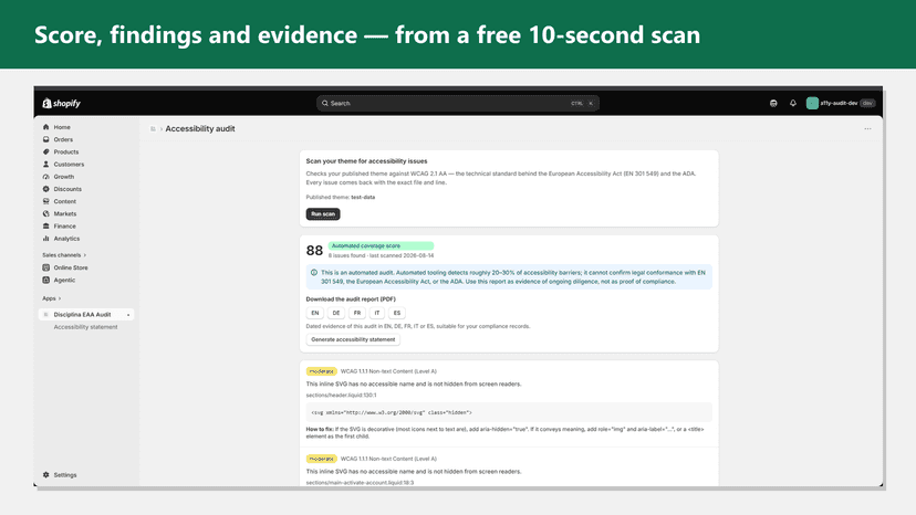 Accessibility audit dashboard with score and findings