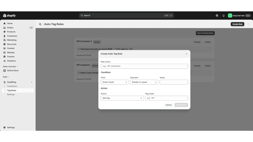Create Rule modal filled in