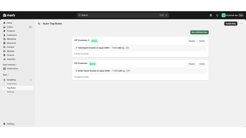 Tag Rules page showing active rules + "Run All Rules Now" button