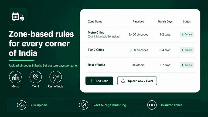 Delivery zones panel with bulk pincode upload & zone management
