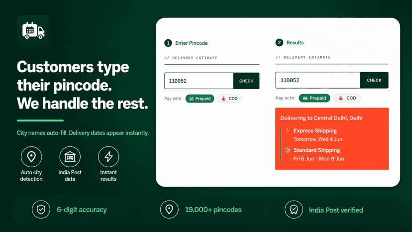Pincode entry showing city auto-detection and instant delivery