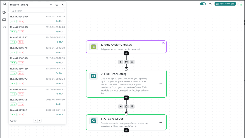 Automation workflow editor with run history