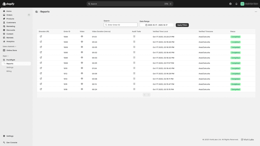 Verified orders report with video proof