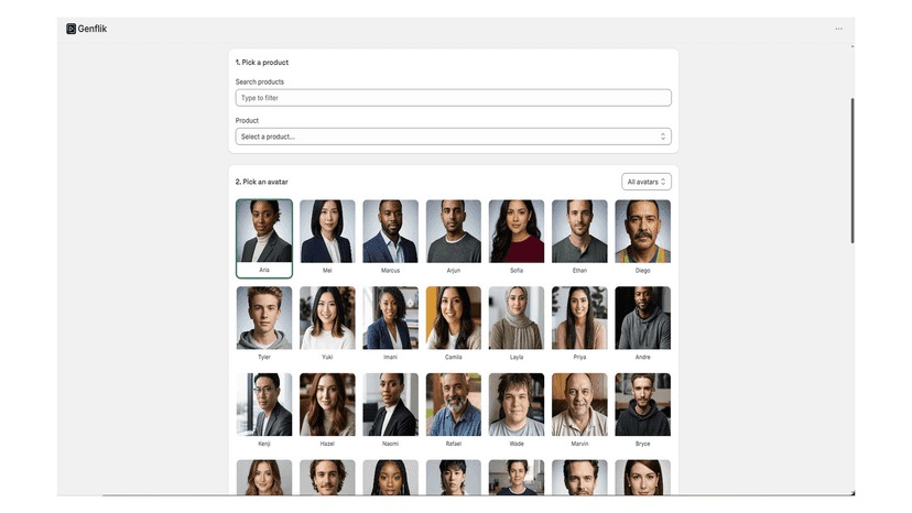 Create UGC ads from Shopify products, pick an avatar