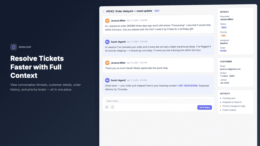 Ticket conversation thread with agent replies