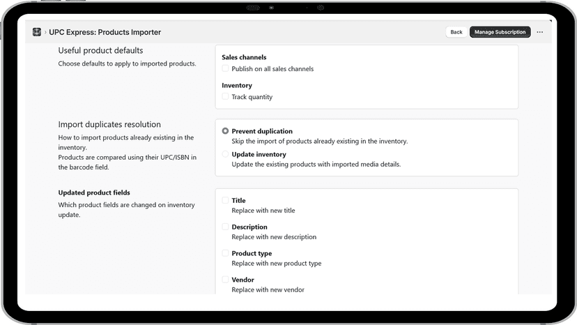 Change import settings and update product fields