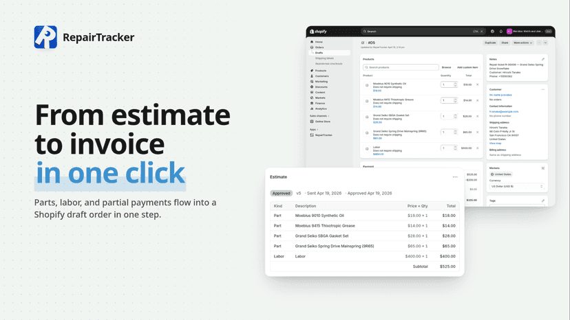 Estimate flows into a Shopify draft order in one click