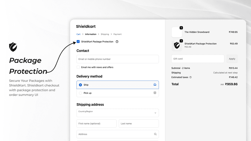 Shieldkart checkout with package protection and order summary UI