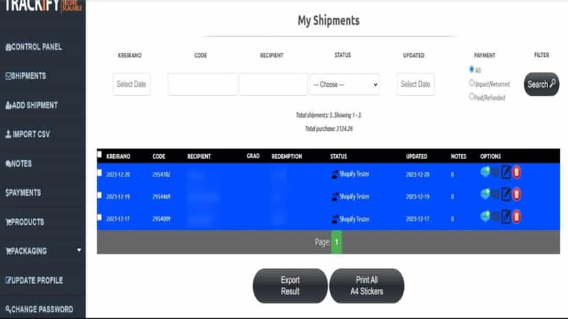 Shipments Page, this is how orders look when fulfilled.