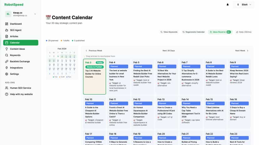 Content calendar with AI blog posts scheduled for publishing