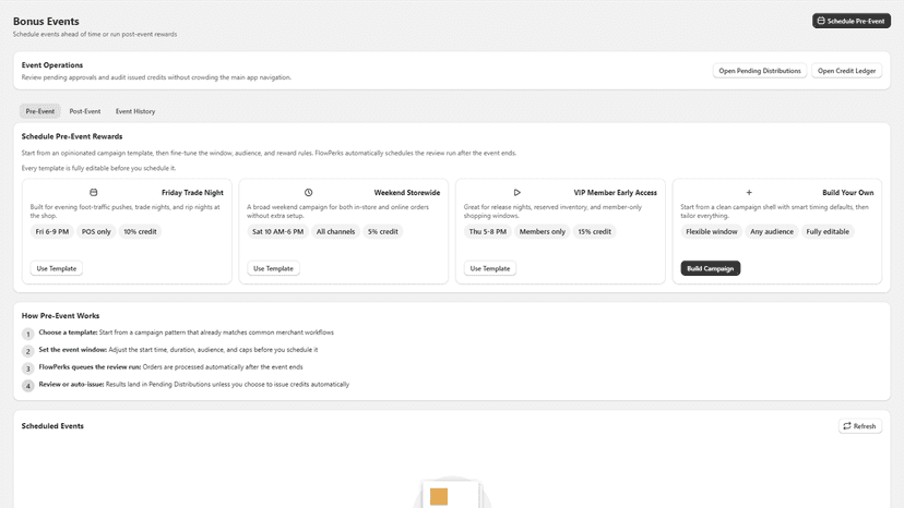 Bonus event planner with templates, filters, and approval flow