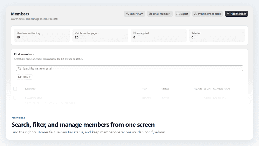 Members list with tiers, balances, and filters