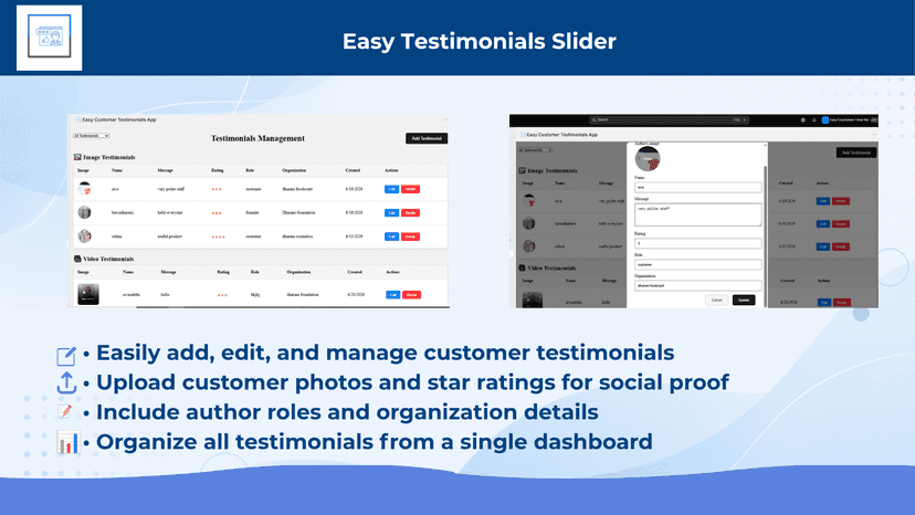 Shopify testimonial management dashboard for reviews & ratings