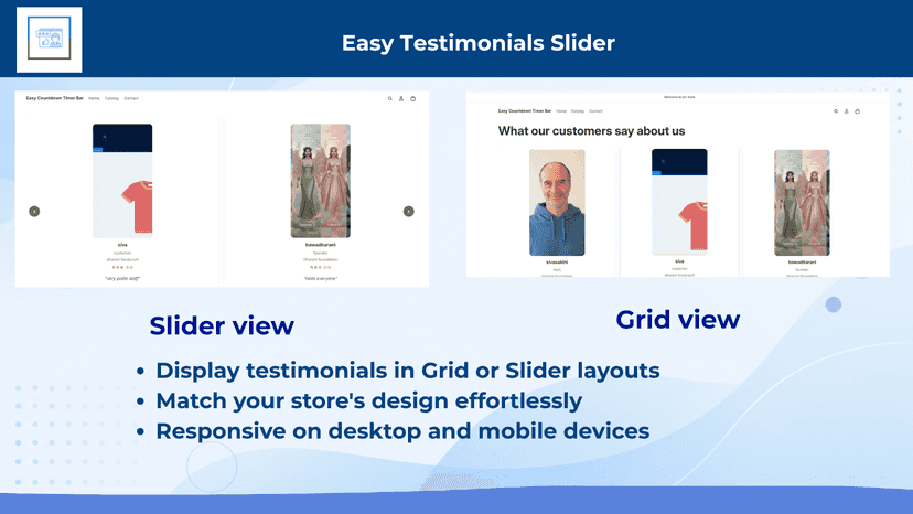 Shopify testimonial slider & grid for customer reviews & ratings