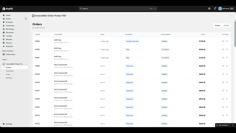 Orders dashboard with PDF generation and email actions