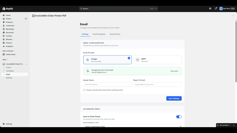 Email automation settings with Gmail and SMTP integration