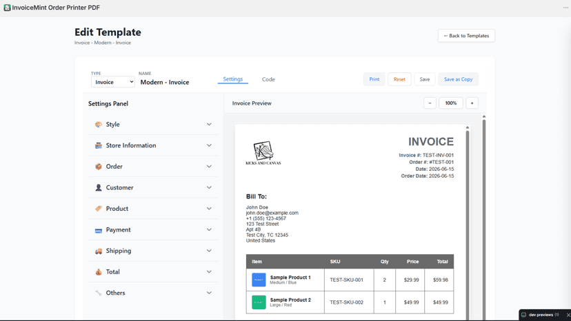 Template editor with settings panel and live invoice preview