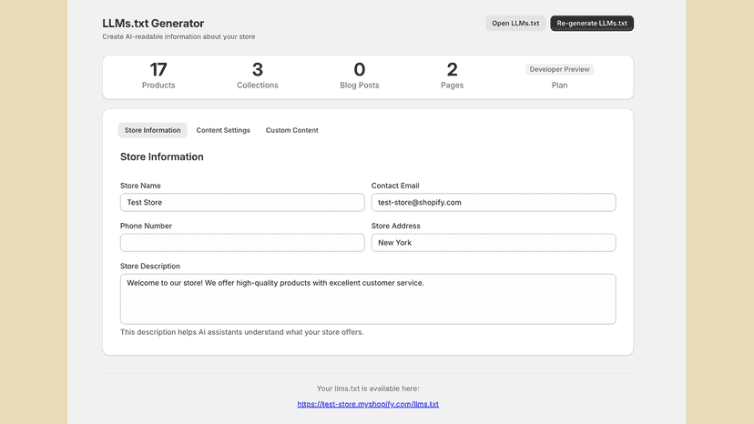 Customizable basic store information