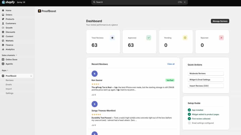 ProofBoost admin dashboard showing review moderation with approv