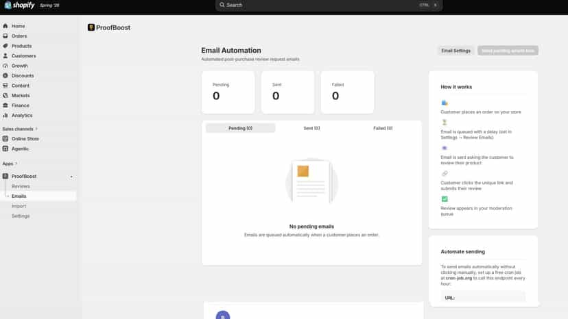 ProofBoost email automation dashboard showing pending review req