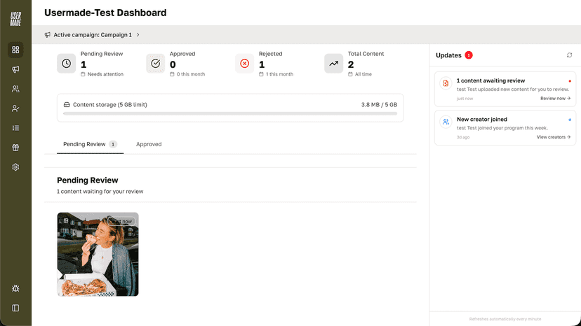 Usermade's dashboard